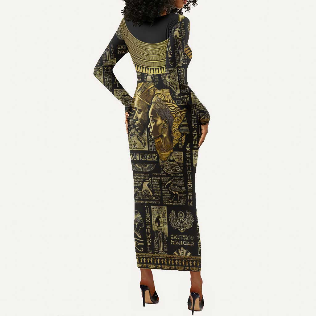 Egypt Pharaoh Long Sleeve Bodycon Dress Egyptian Hieroglyphs and Symbols DT02