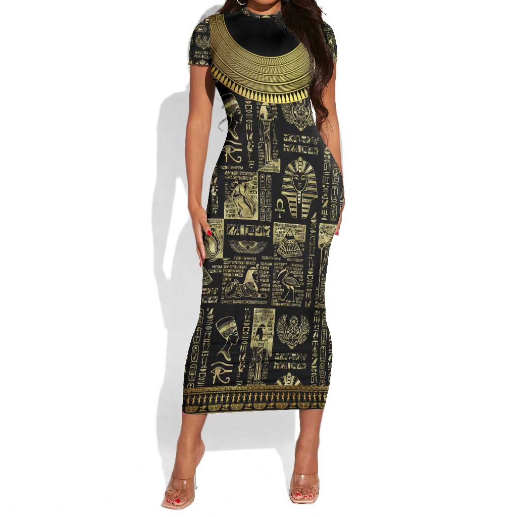 Egypt Pharaoh Short Sleeve Bodycon Dress Egyptian Hieroglyphs and Symbols DT02