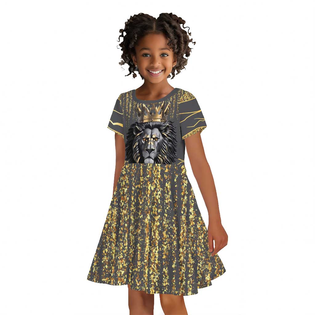 Personalized Black and Gold Lion Africa Kid Short Sleeve Dress