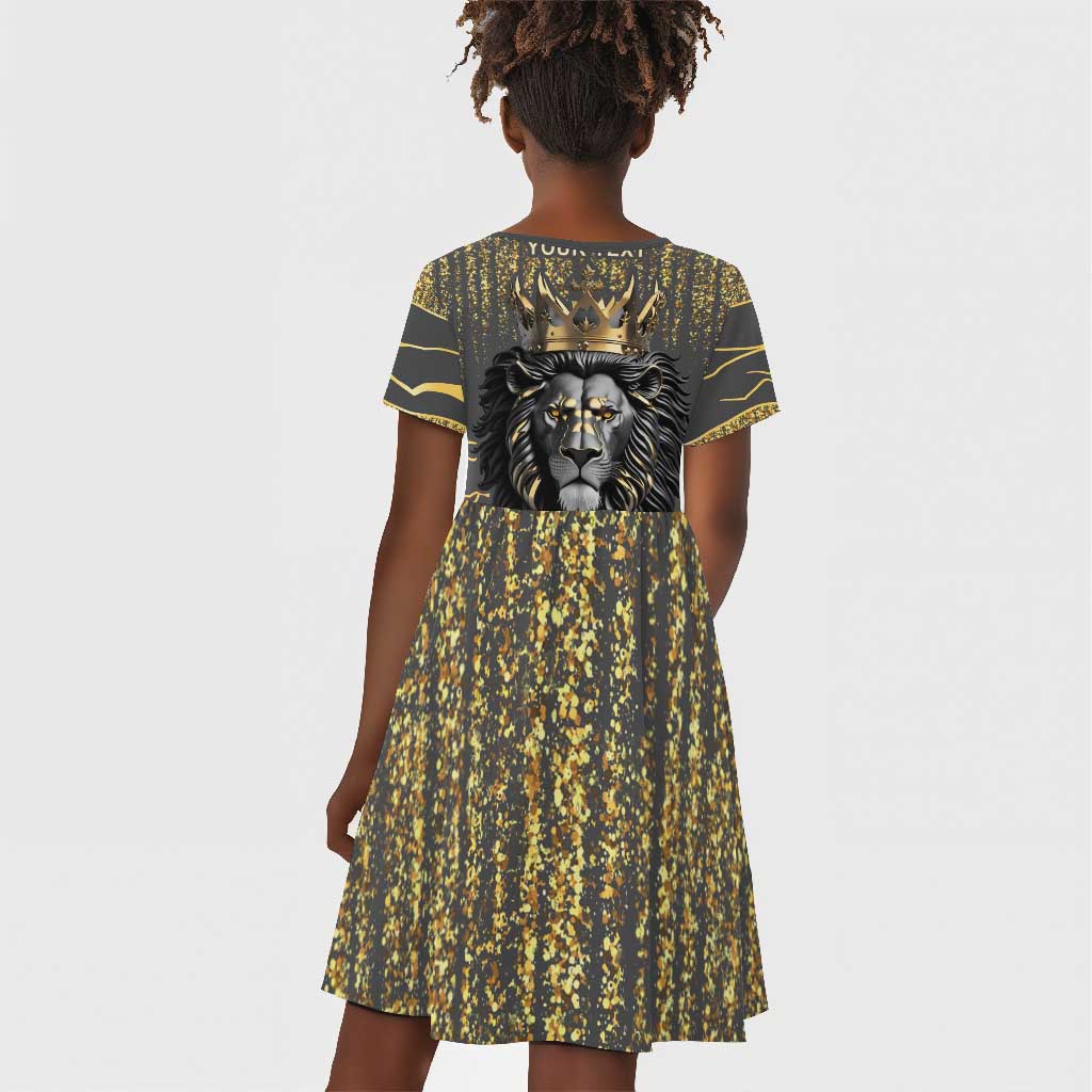 Personalized Black and Gold Lion Africa Kid Short Sleeve Dress