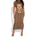 African Mask Printed Mudcloth Short Sleeve Bodycon Dress Afro Bogolan DT03