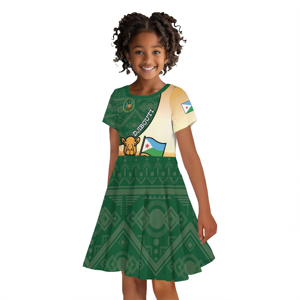 Personalized African Djibouti Kid Short Sleeve Dress Camel Holding Jabuuti Flag - African Pride