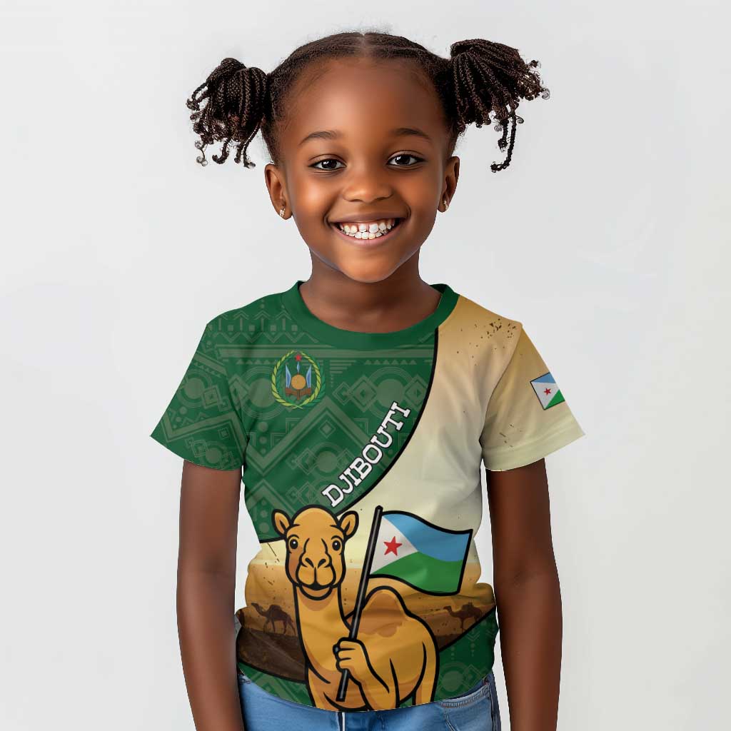 Personalized African Djibouti Kid T shirt Camel Holding Jabuuti Flag - African Pride