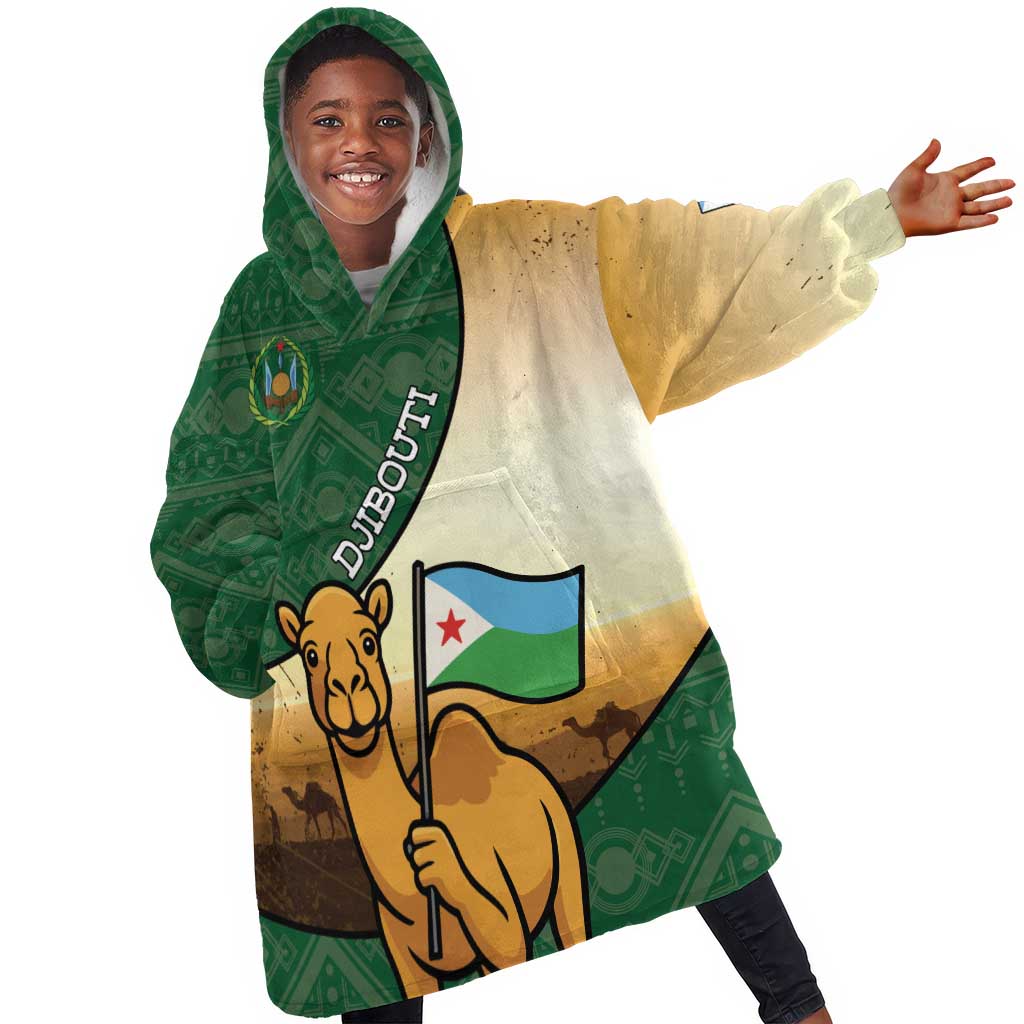 Personalized African Djibouti Kid Wearable Blanket Hoodie Camel Holding Jabuuti Flag - African Pride