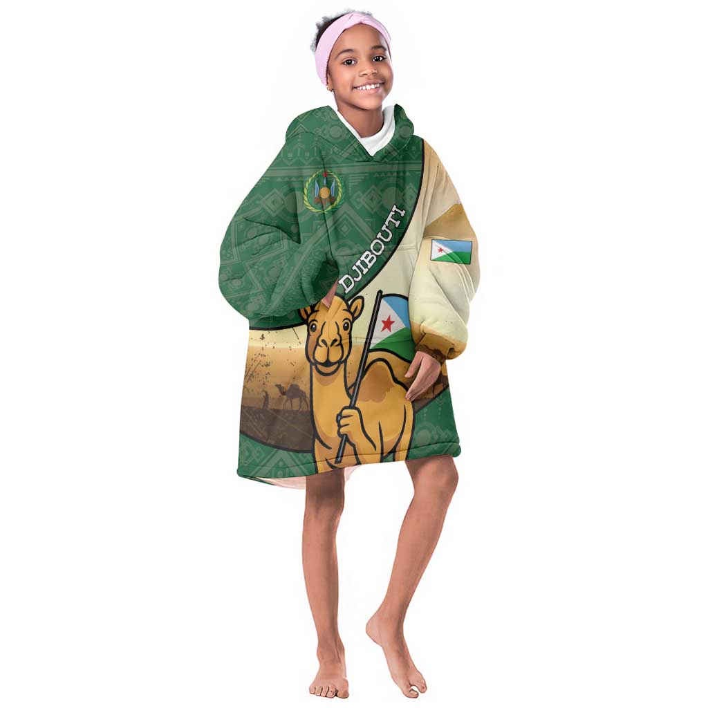 Personalized African Djibouti Kid Wearable Blanket Hoodie Camel Holding Jabuuti Flag - African Pride