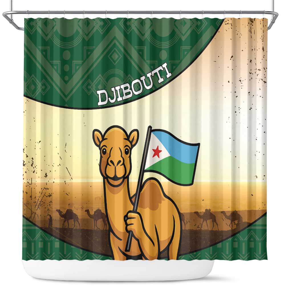 African Djibouti Shower Curtain Camel Holding Jabuuti Flag - African Pride