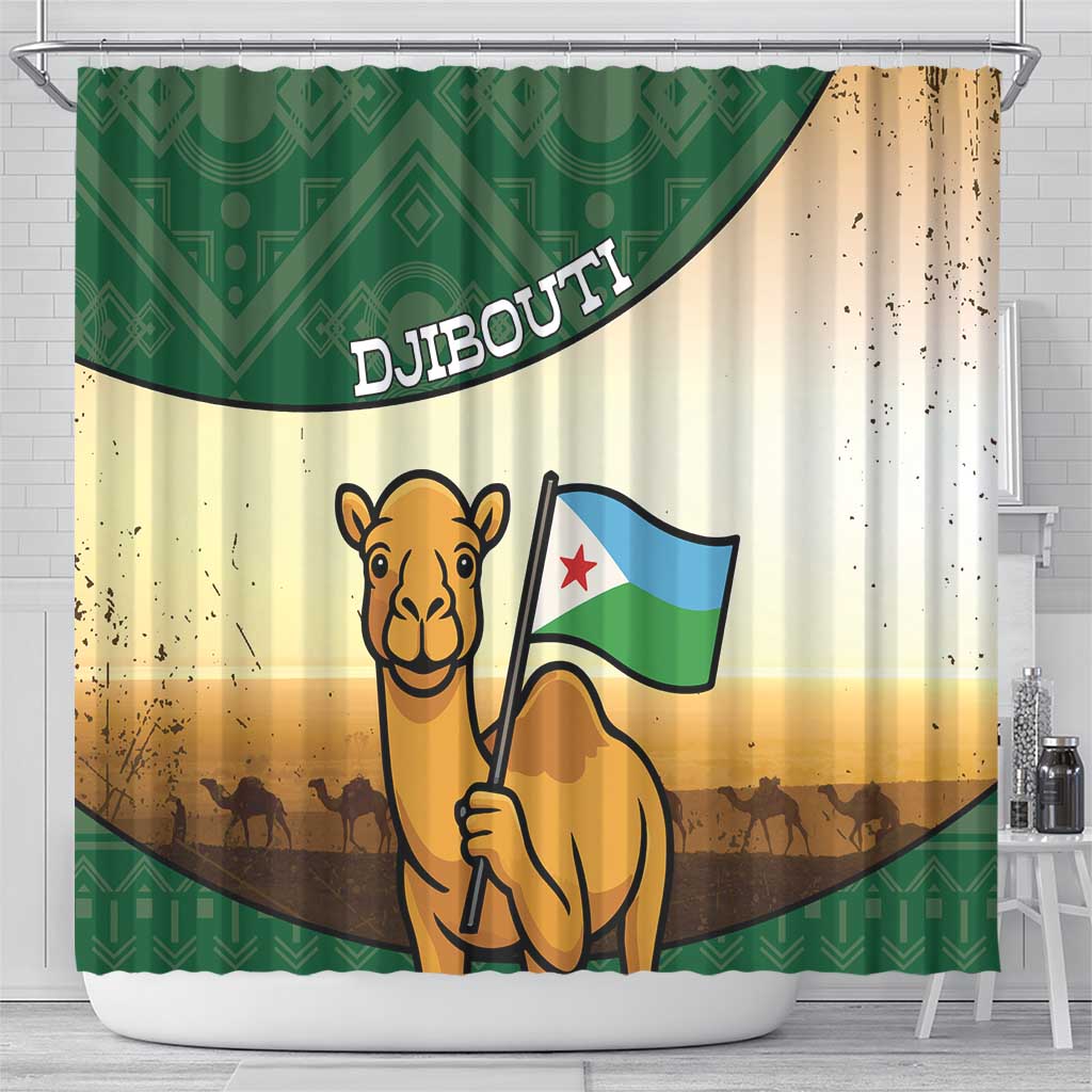 African Djibouti Shower Curtain Camel Holding Jabuuti Flag - African Pride