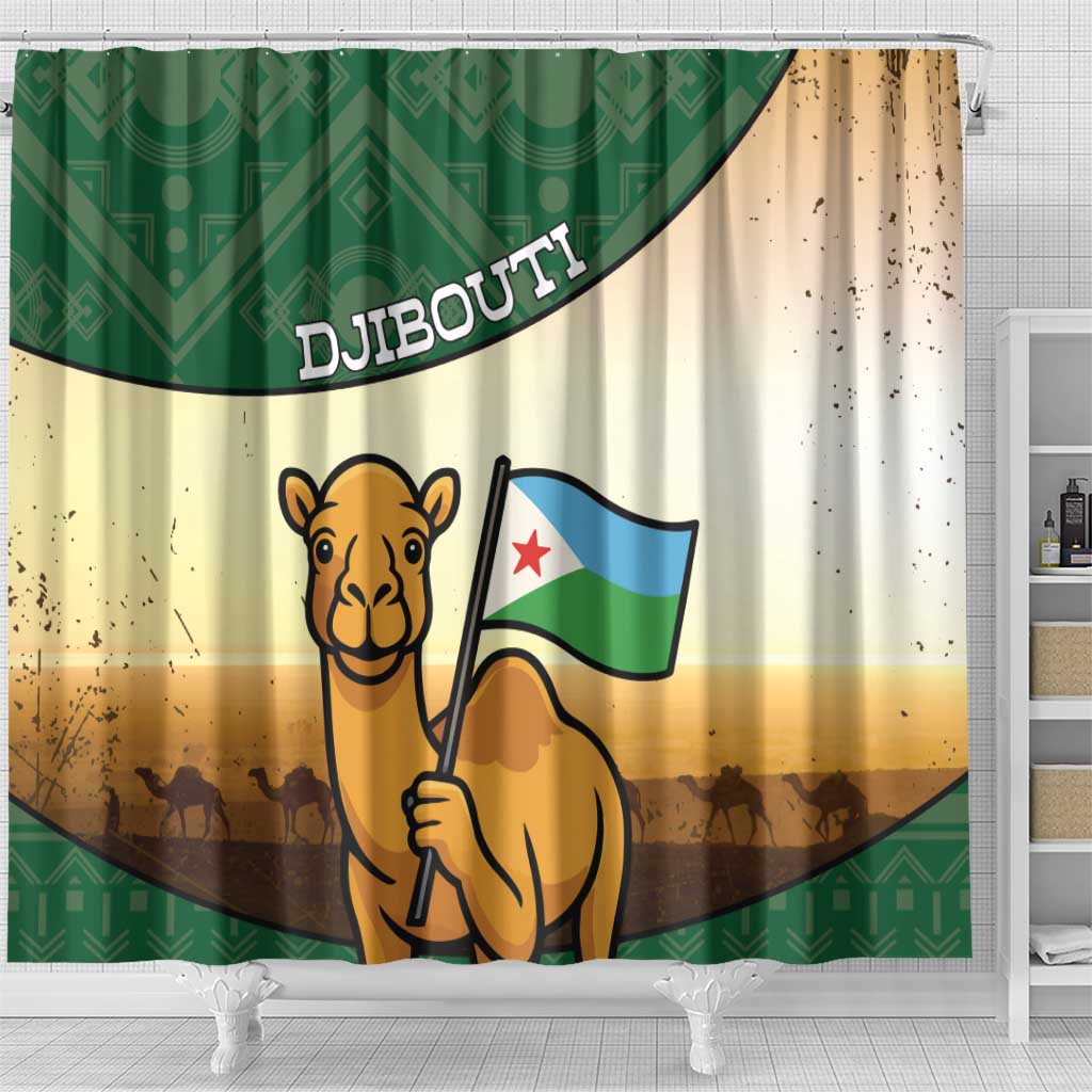 African Djibouti Shower Curtain Camel Holding Jabuuti Flag - African Pride