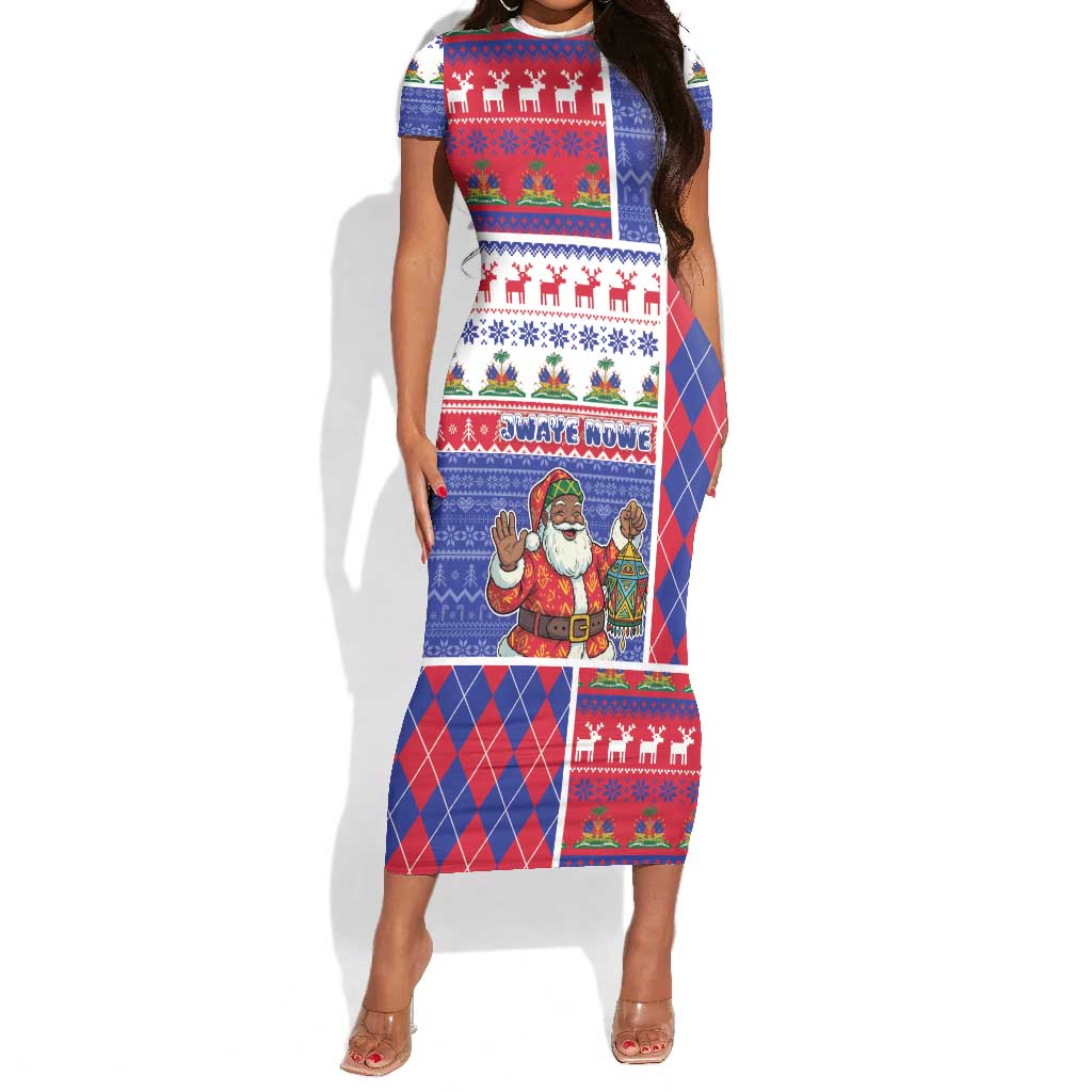 Haiti Christmas Short Sleeve Bodycon Dress Santa With Fanal Haitian Patchwork Style by African Pride