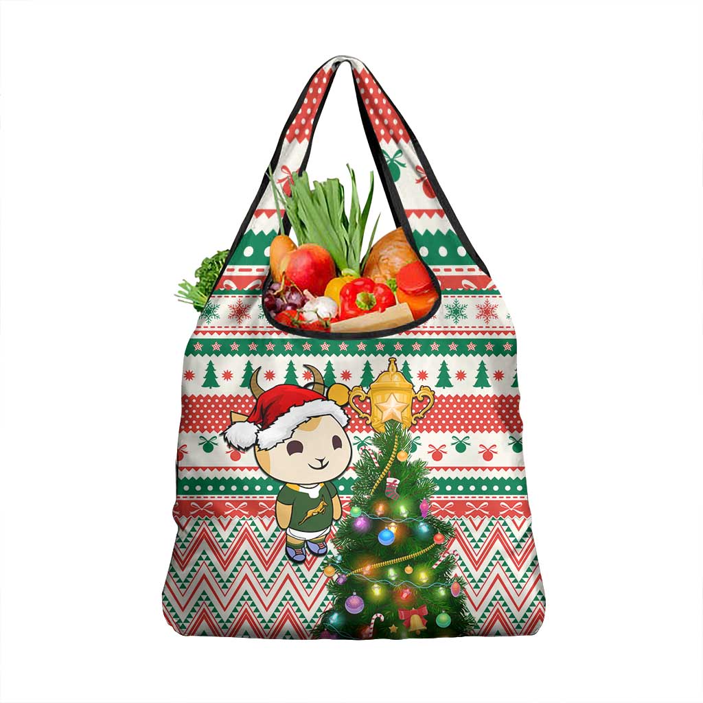 South Africa Rugby Christmas Grocery Bag with Cute Springbok and Christmas Tree