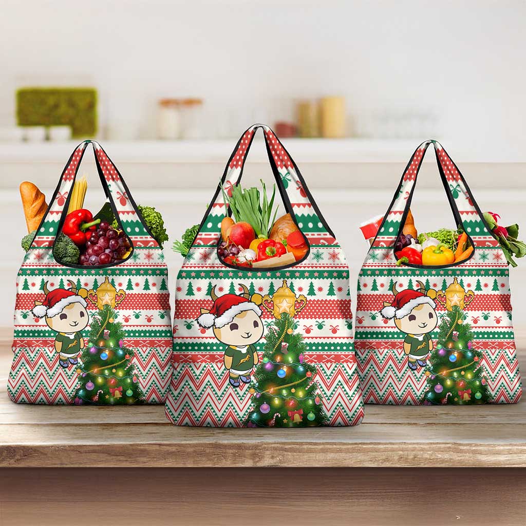 South Africa Rugby Christmas Grocery Bag with Cute Springbok and Christmas Tree
