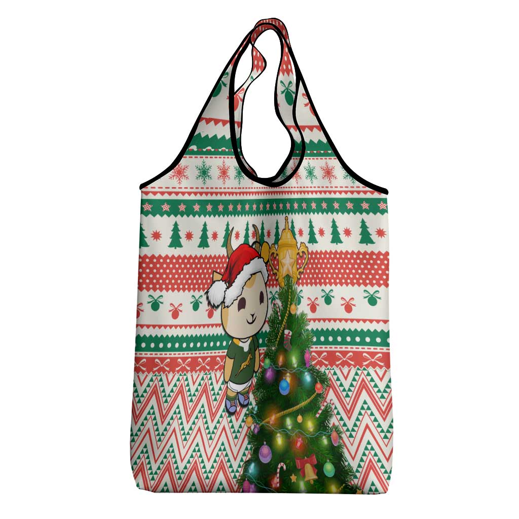 South Africa Rugby Christmas Grocery Bag with Cute Springbok and Christmas Tree