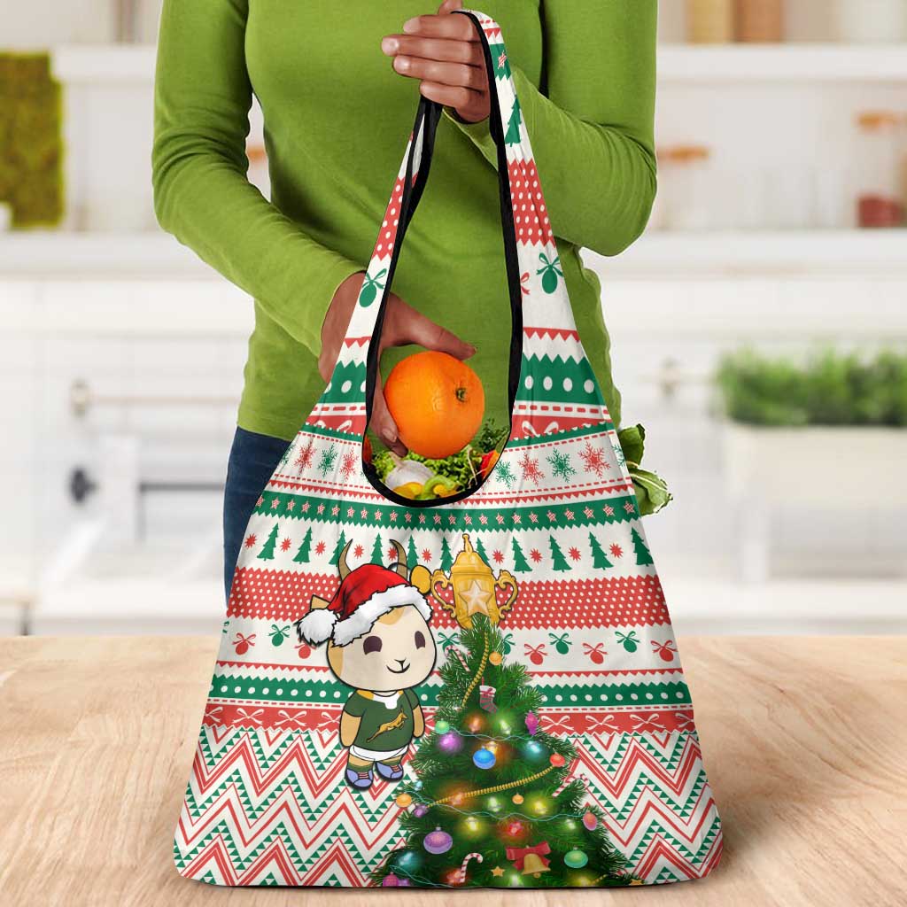 South Africa Rugby Christmas Grocery Bag with Cute Springbok and Christmas Tree