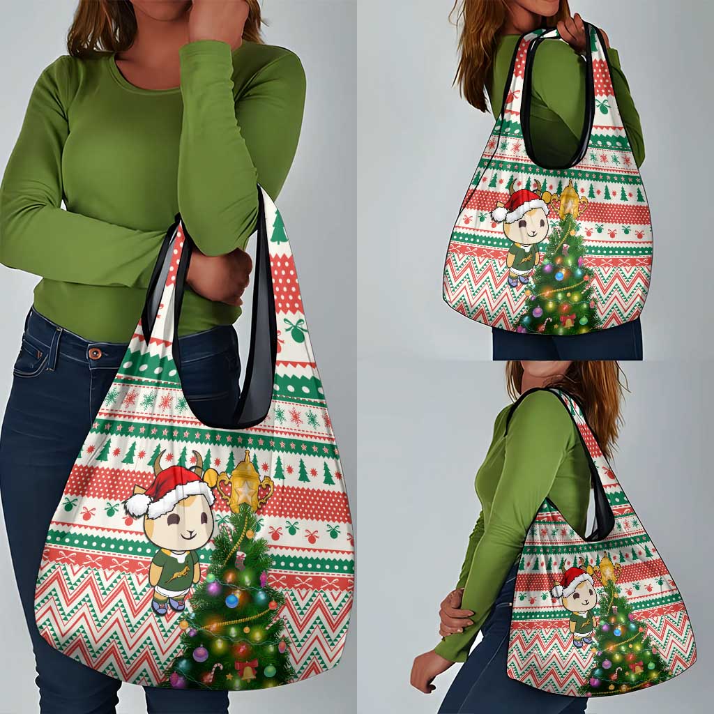 South Africa Rugby Christmas Grocery Bag with Cute Springbok and Christmas Tree