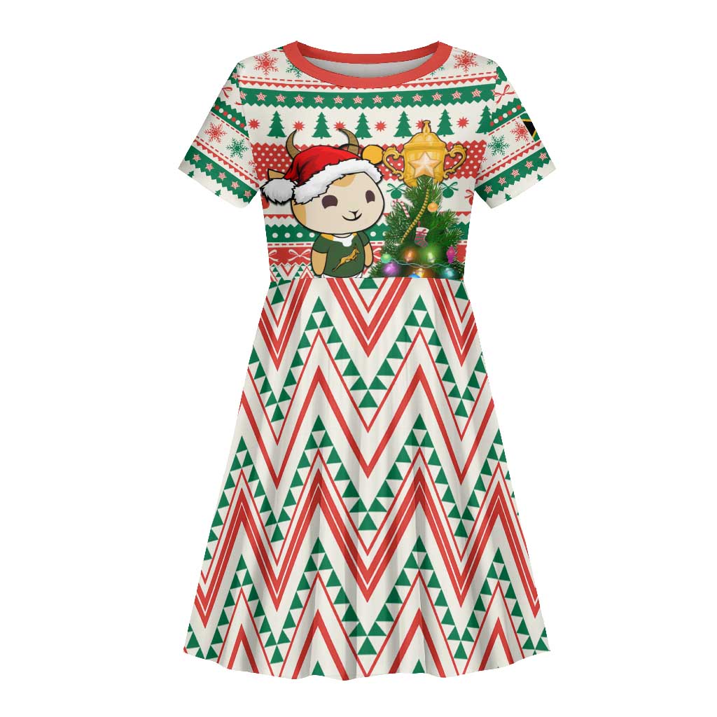 Personalized South Africa Rugby Christmas Kid Short Sleeve Dress with Cute Springbok and Christmas Tree