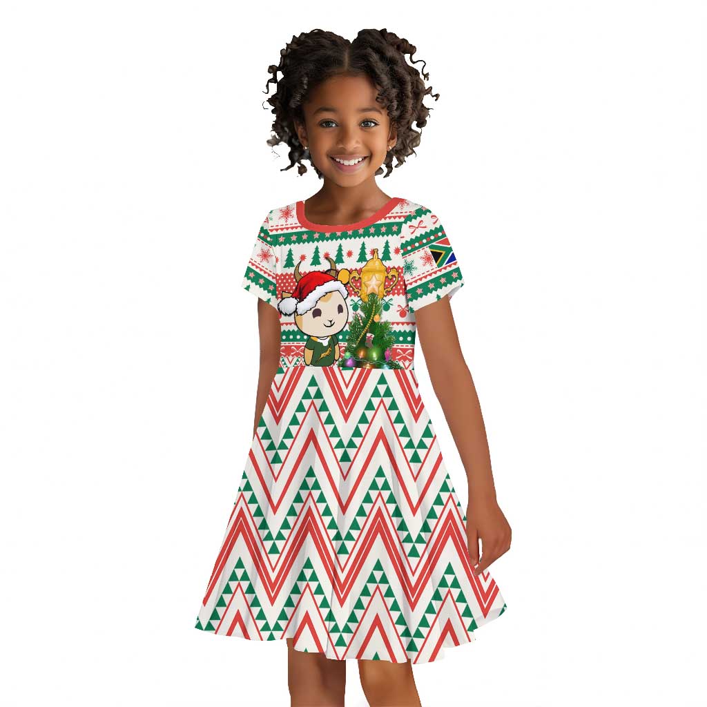 Personalized South Africa Rugby Christmas Kid Short Sleeve Dress with Cute Springbok and Christmas Tree