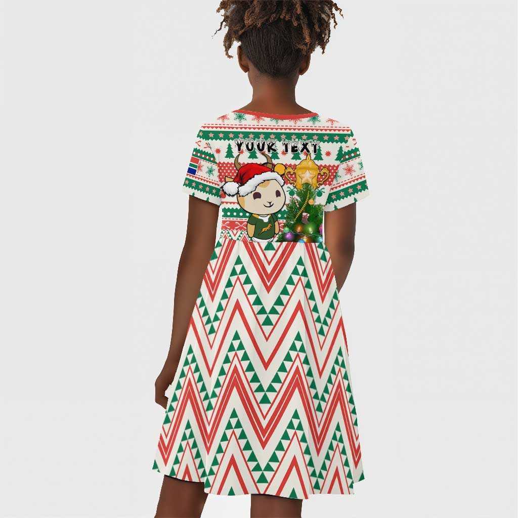 Personalized South Africa Rugby Christmas Kid Short Sleeve Dress with Cute Springbok and Christmas Tree