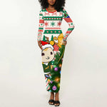 Personalized South Africa Rugby Christmas Long Sleeve Bodycon Dress with Cute Springbok and Christmas Tree LT01