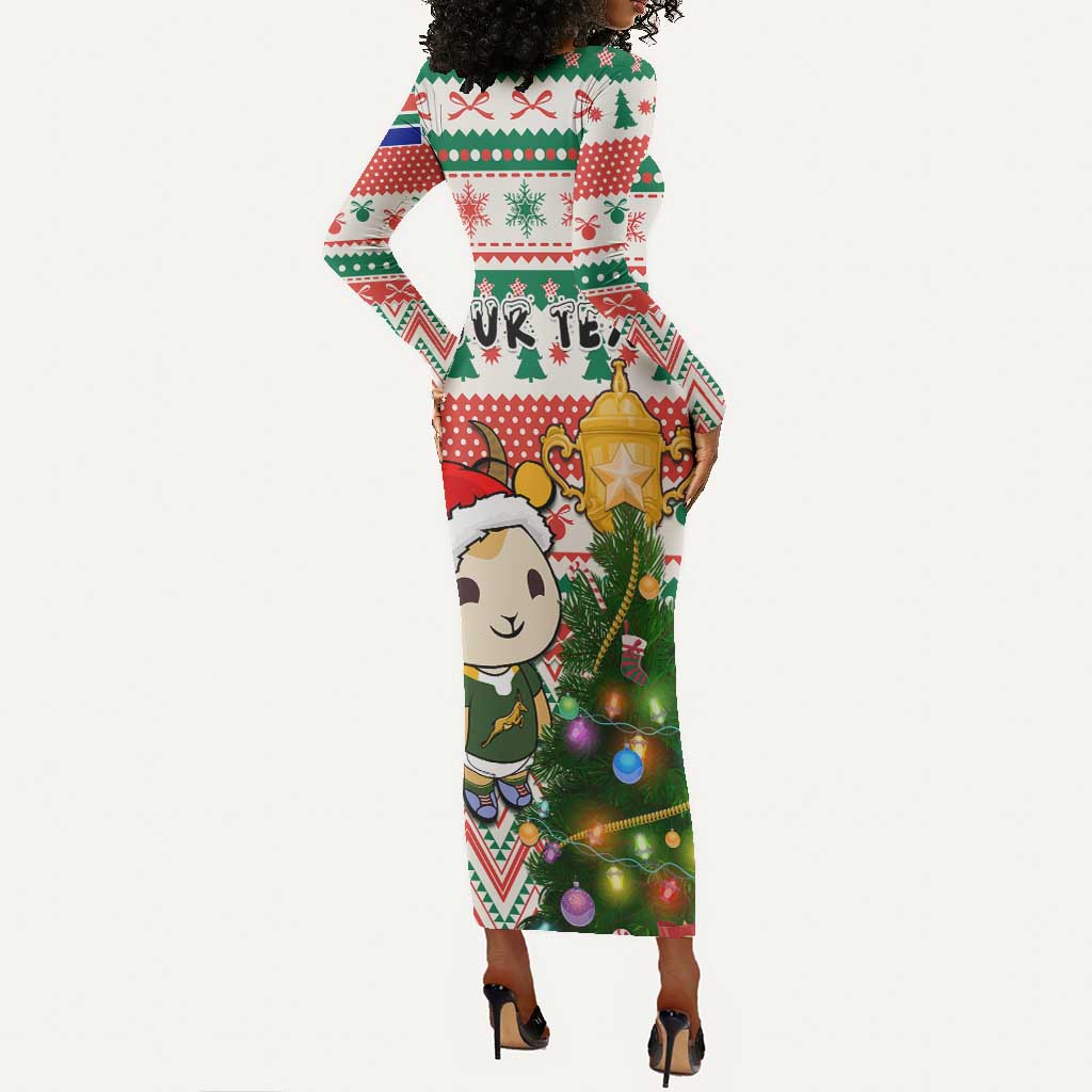 Personalized South Africa Rugby Christmas Long Sleeve Bodycon Dress with Cute Springbok and Christmas Tree LT01