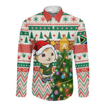 Personalized South Africa Rugby Christmas Long Sleeve Button Shirt with Cute Springbok and Christmas Tree