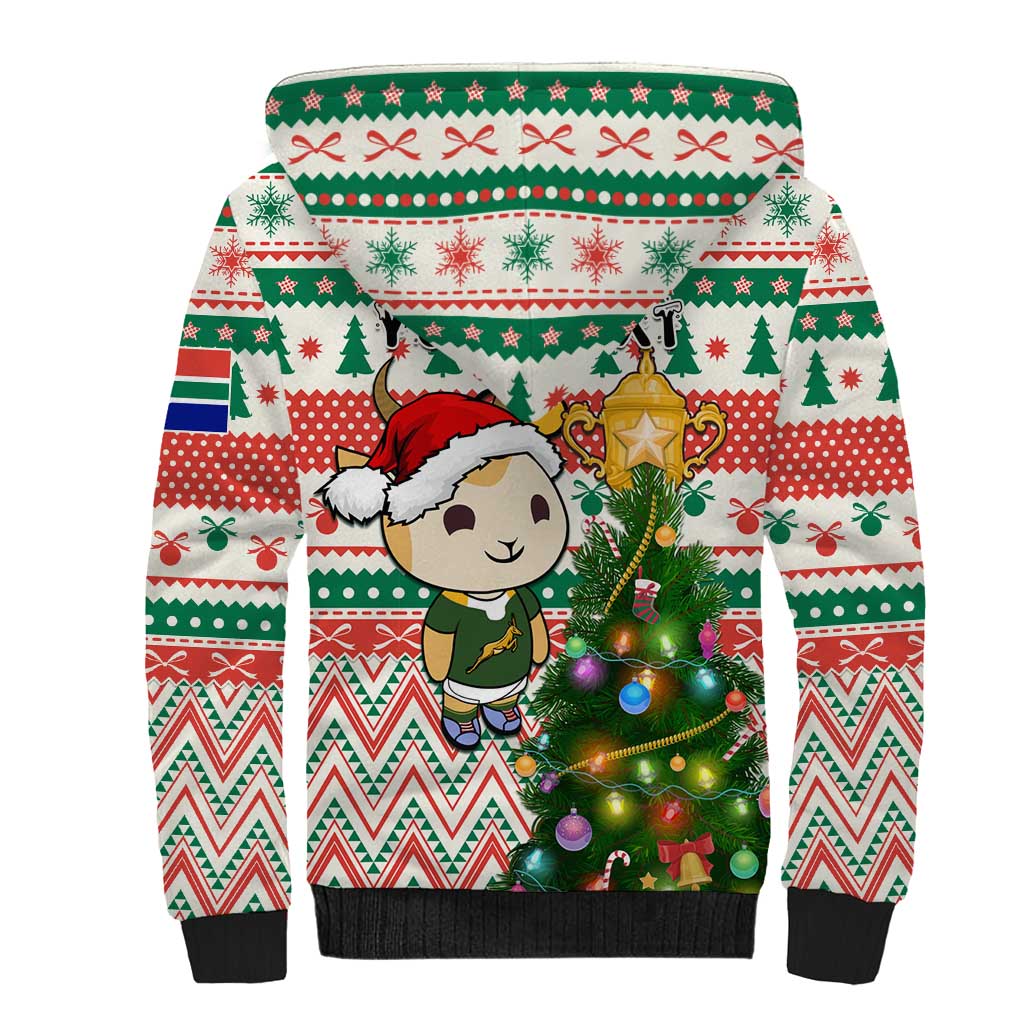 Personalized South Africa Rugby Christmas Sherpa Hoodie with Cute Springbok and Christmas Tree