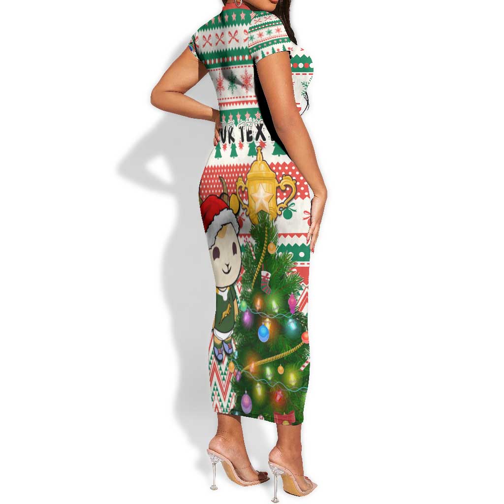Personalized South Africa Rugby Christmas Short Sleeve Bodycon Dress with Cute Springbok and Christmas Tree LT01