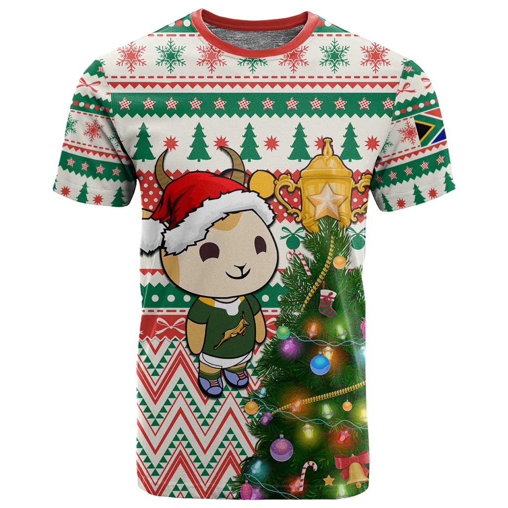 Personalized South Africa Rugby Christmas T shirt with Cute Springbok and Christmas Tree