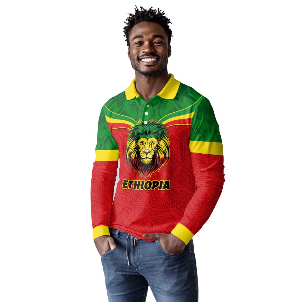 Personalized Ethiopia Long Sleeve Polo Shirt with Lion of Judah Flag Style - Special Version