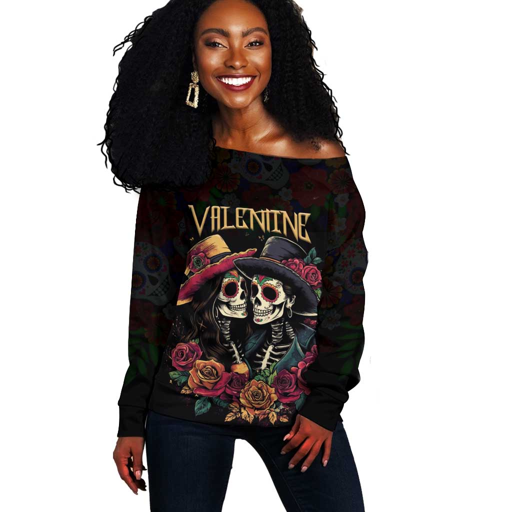 Personalised Sugar Skull Couple Valentine Off Shoulder Sweater Roses Romantic Love