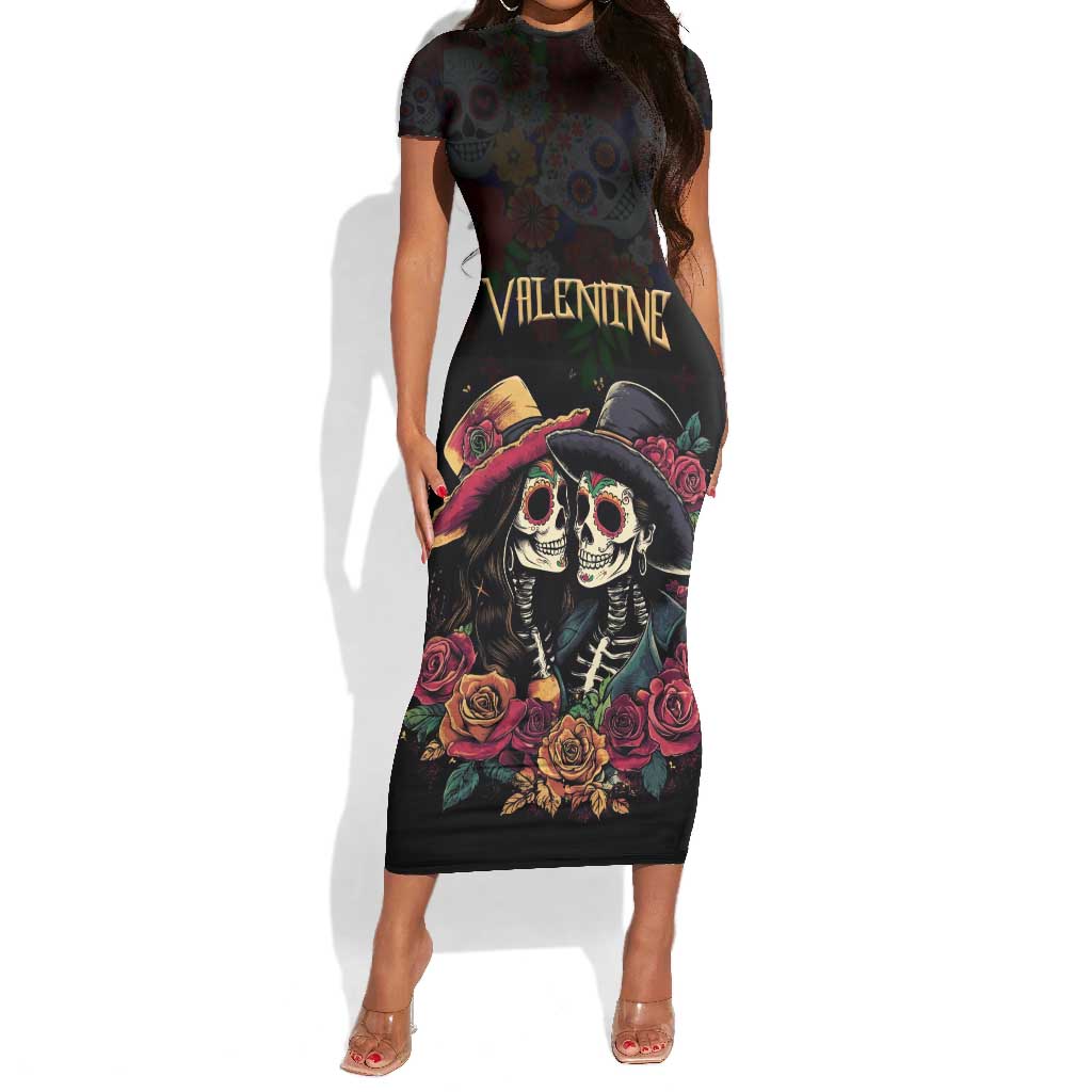 Personalised Sugar Skull Couple Valentine Short Sleeve Bodycon Dress Roses Romantic Love by AfricanPride