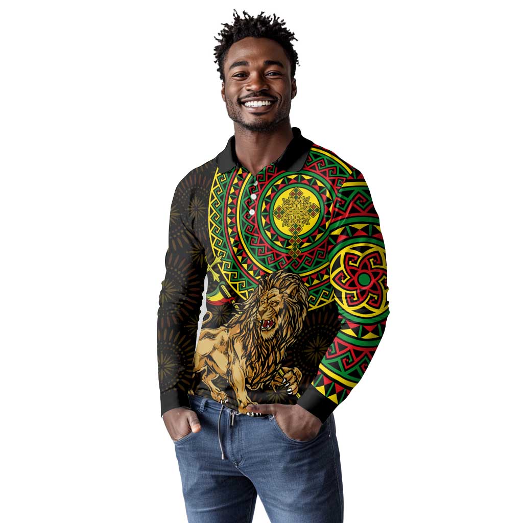 Ethiopia National Day Long Sleeve Polo Shirt Lion Of Judah African Pattern