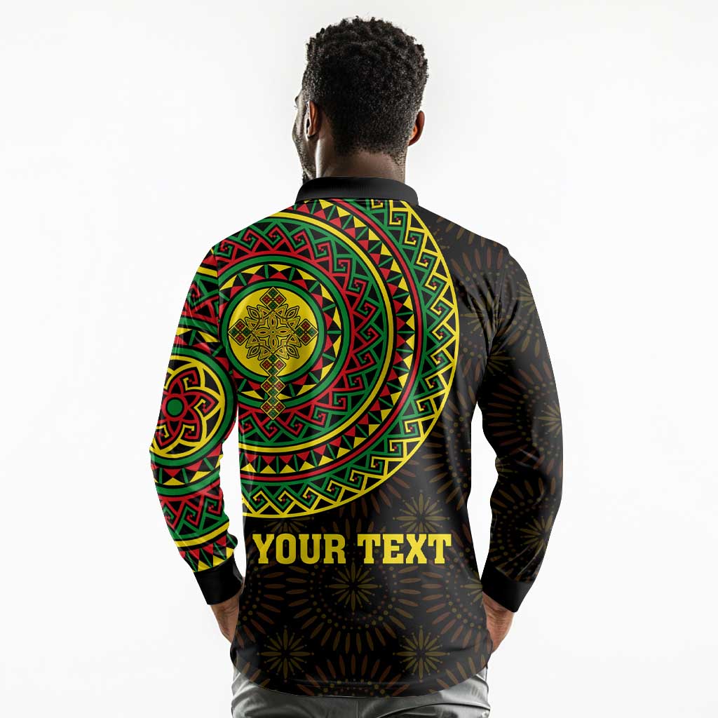 Ethiopia National Day Long Sleeve Polo Shirt Lion Of Judah African Pattern