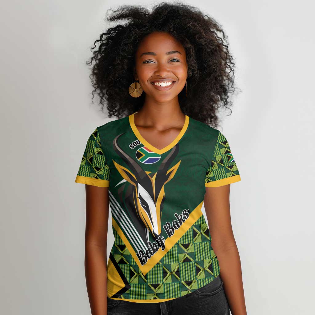 Custom Rugby South Africa Women V-Neck T-Shirt Baby Boks Go Champions
