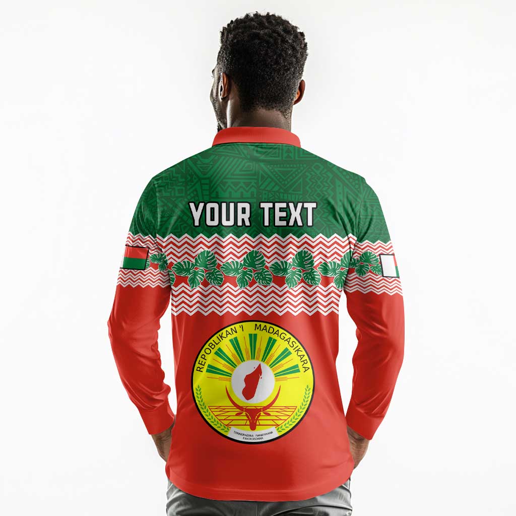 Personalized Madagascar Long Sleeve Polo Shirt with Madagasikara Seal and Baobab African Pattern