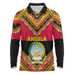 Angola Independence Day Long Sleeve Polo Shirt with Coat of Arms and Samakaka Pattern