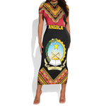 Angola Independence Day Short Sleeve Bodycon Dress with Coat of Arms and Samakaka Pattern