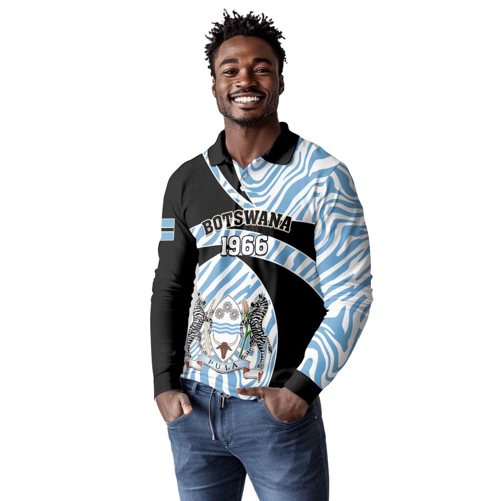 Personalized Botswana Independence Day Long Sleeve Polo Shirt - Lefatshe la Botswana with Zebra Pattern
