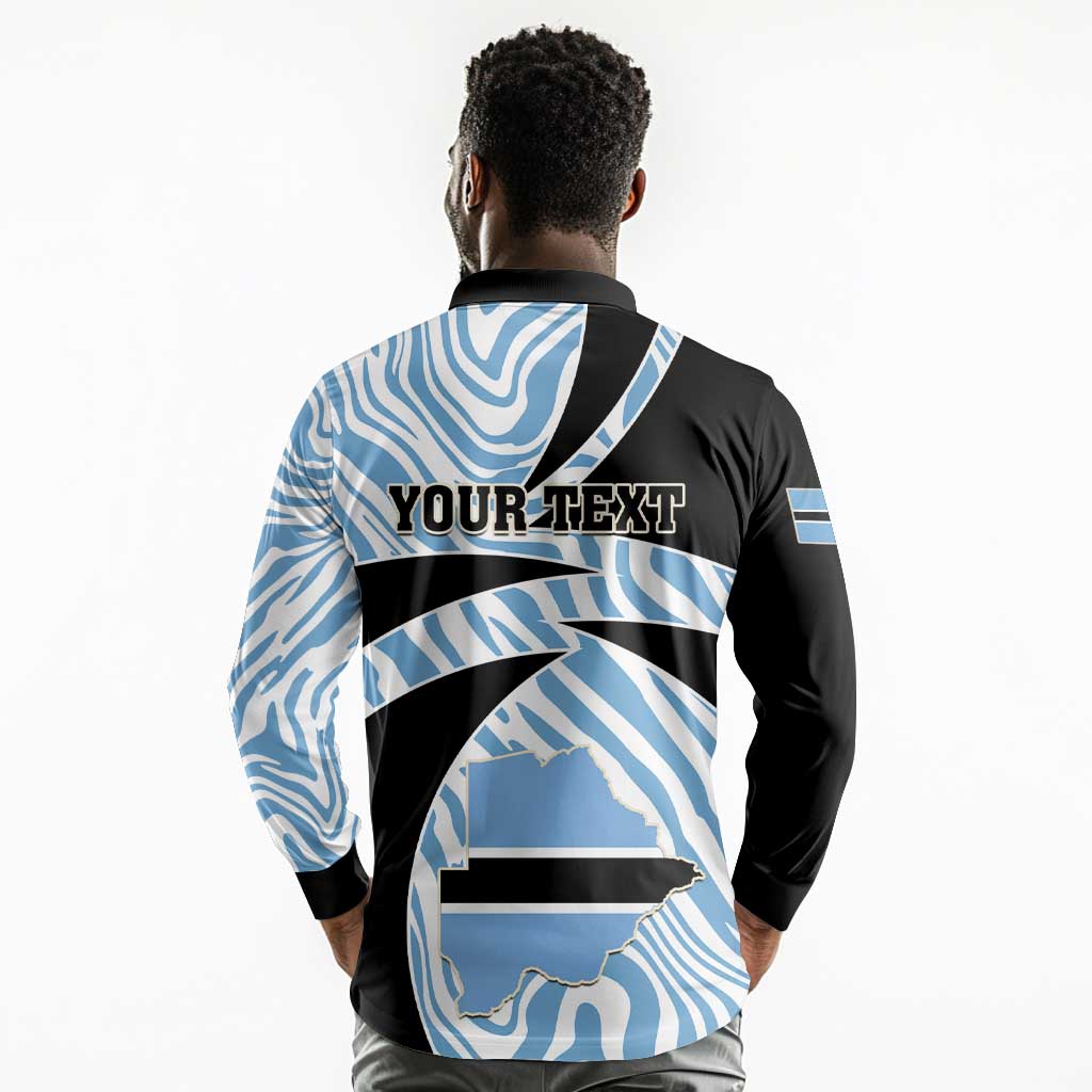 Personalized Botswana Independence Day Long Sleeve Polo Shirt - Lefatshe la Botswana with Zebra Pattern