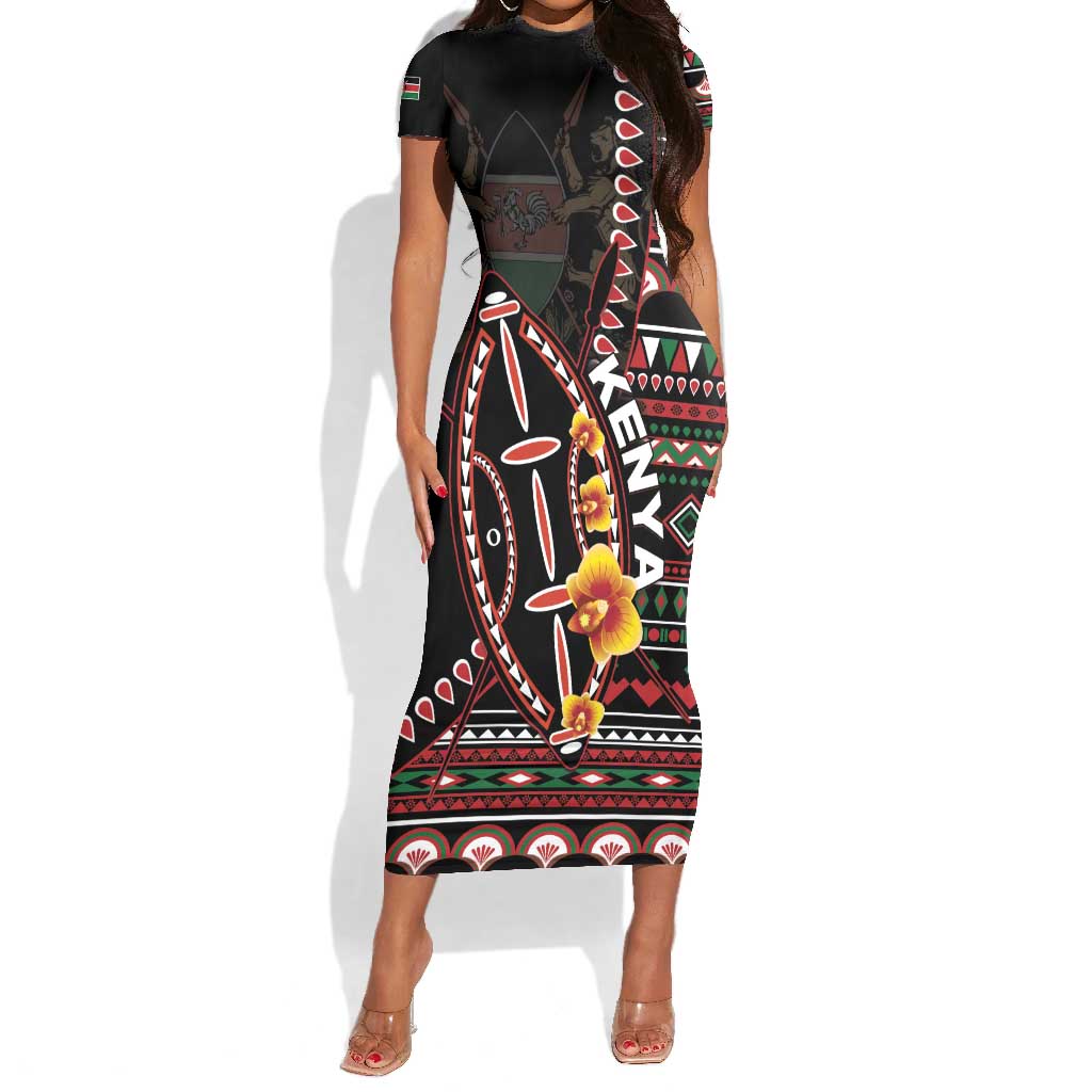 Personalized Kenya Short Sleeve Bodycon Dress Jamhuri Day, Kenya Shield LT01