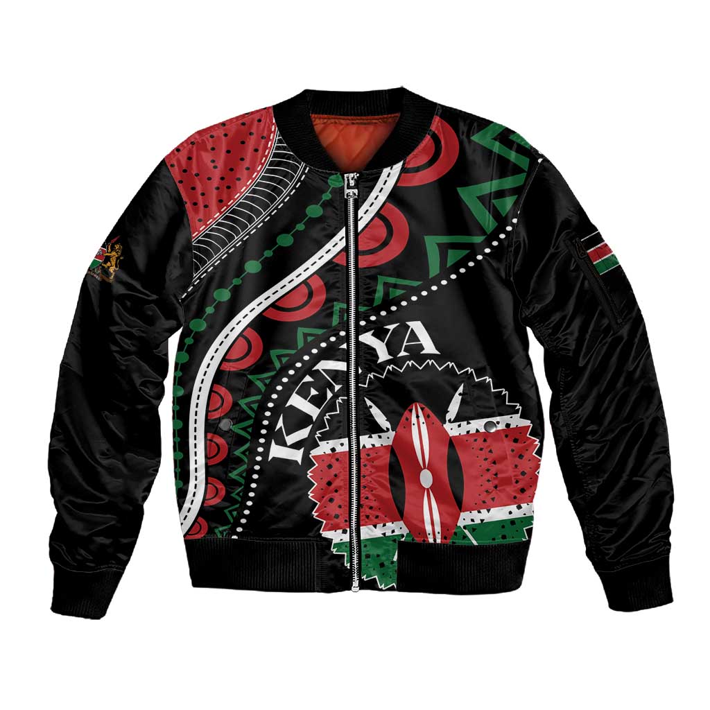 Personalized Kenya Sleeve Zip Bomber Jacket Harambee African Pattern - Coat of Arms Design