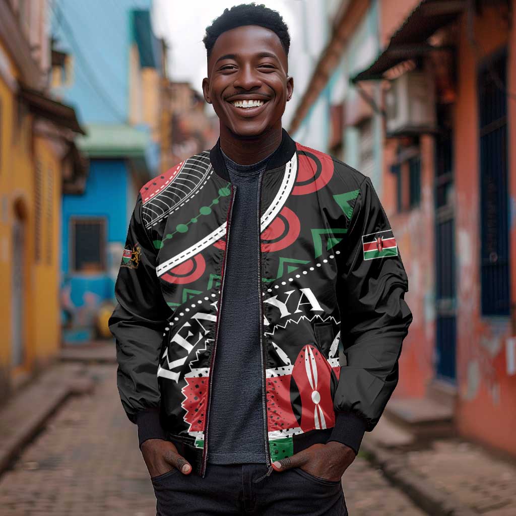 Personalized Kenya Sleeve Zip Bomber Jacket Harambee African Pattern - Coat of Arms Design