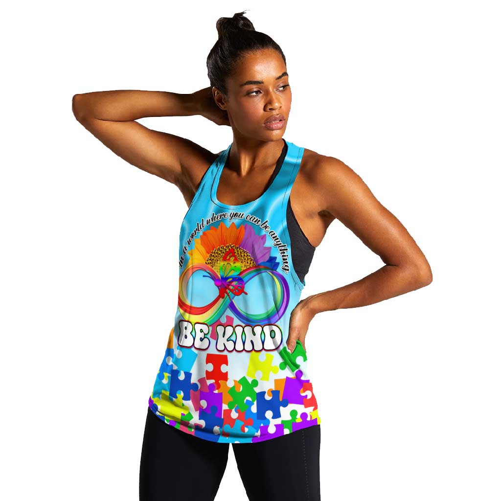World Autism Awareness Day 2024 Women Racerback Tank In A World Where You Can Be Anything Be Kind
