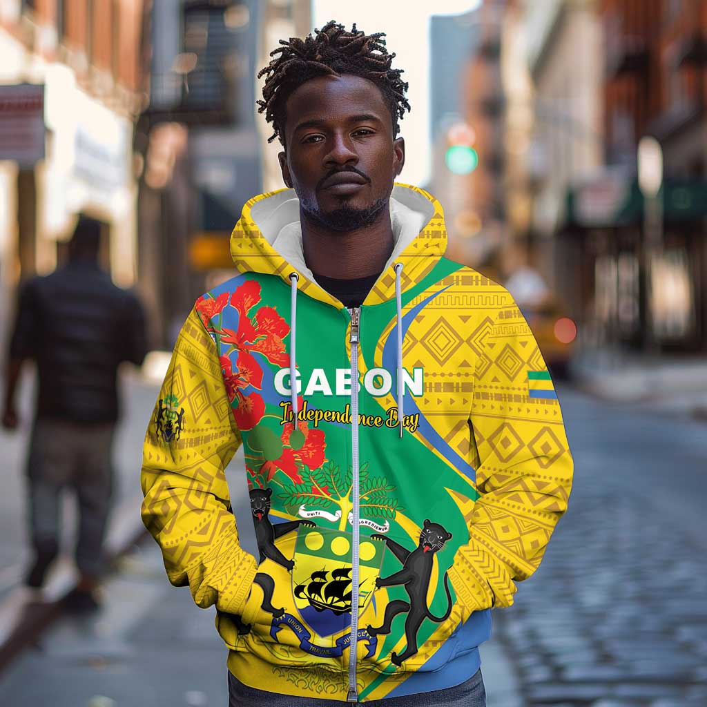 Gabon Independence Day Zip Hoodie Gabonaise Flamboyant African Pattern