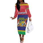 Mauritius Independence Day Off The Shoulder Long Sleeve Dress with Stella Clavisque Maris Indici and Floral Pattern