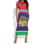 Mauritius Independence Day Short Sleeve Bodycon Dress with Stella Clavisque Maris Indici and Floral Pattern LT01