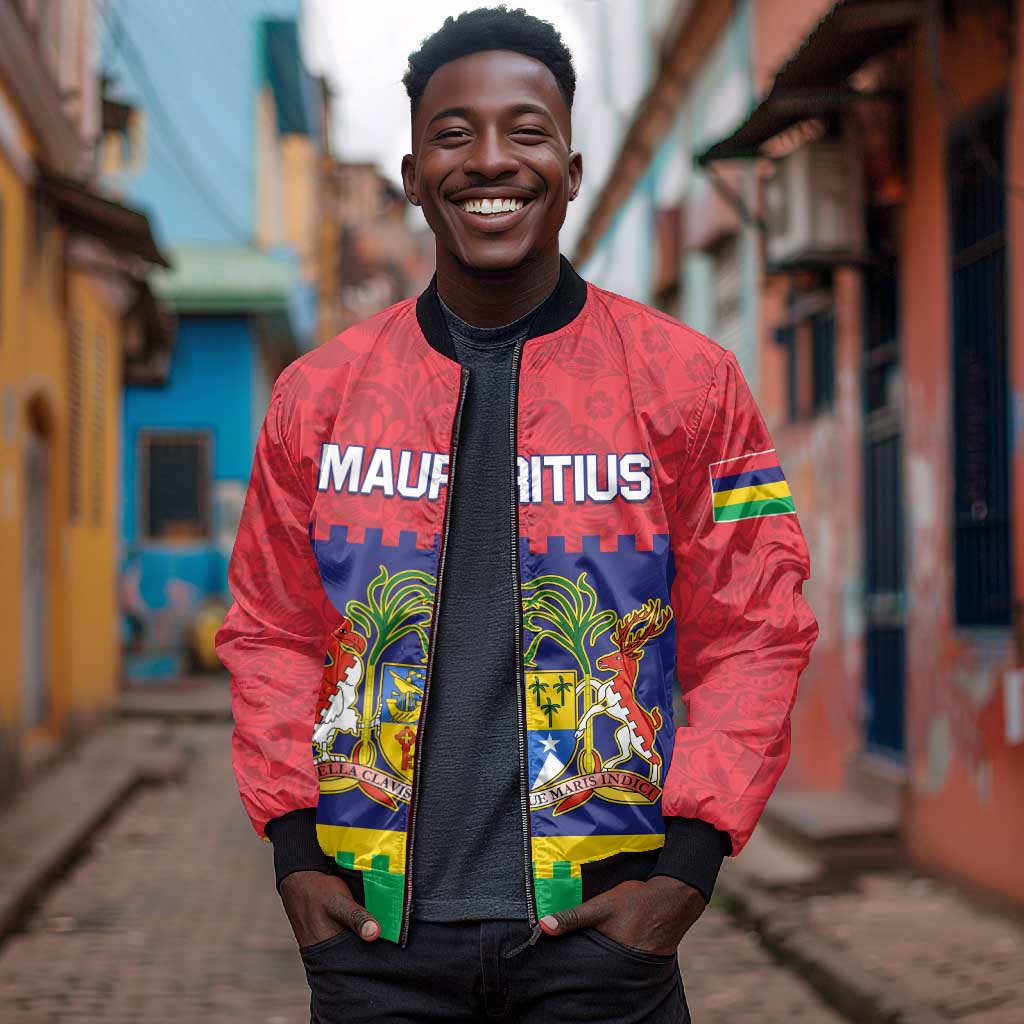 Mauritius Independence Day Sleeve Zip Bomber Jacket with Stella Clavisque Maris Indici and Floral Pattern