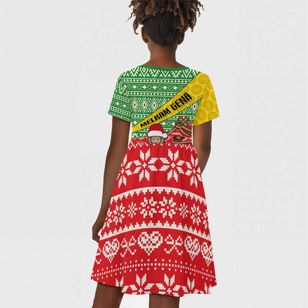 Ethiopia Christmas Kid Short Sleeve Dress - Melkam Gena with African Pattern