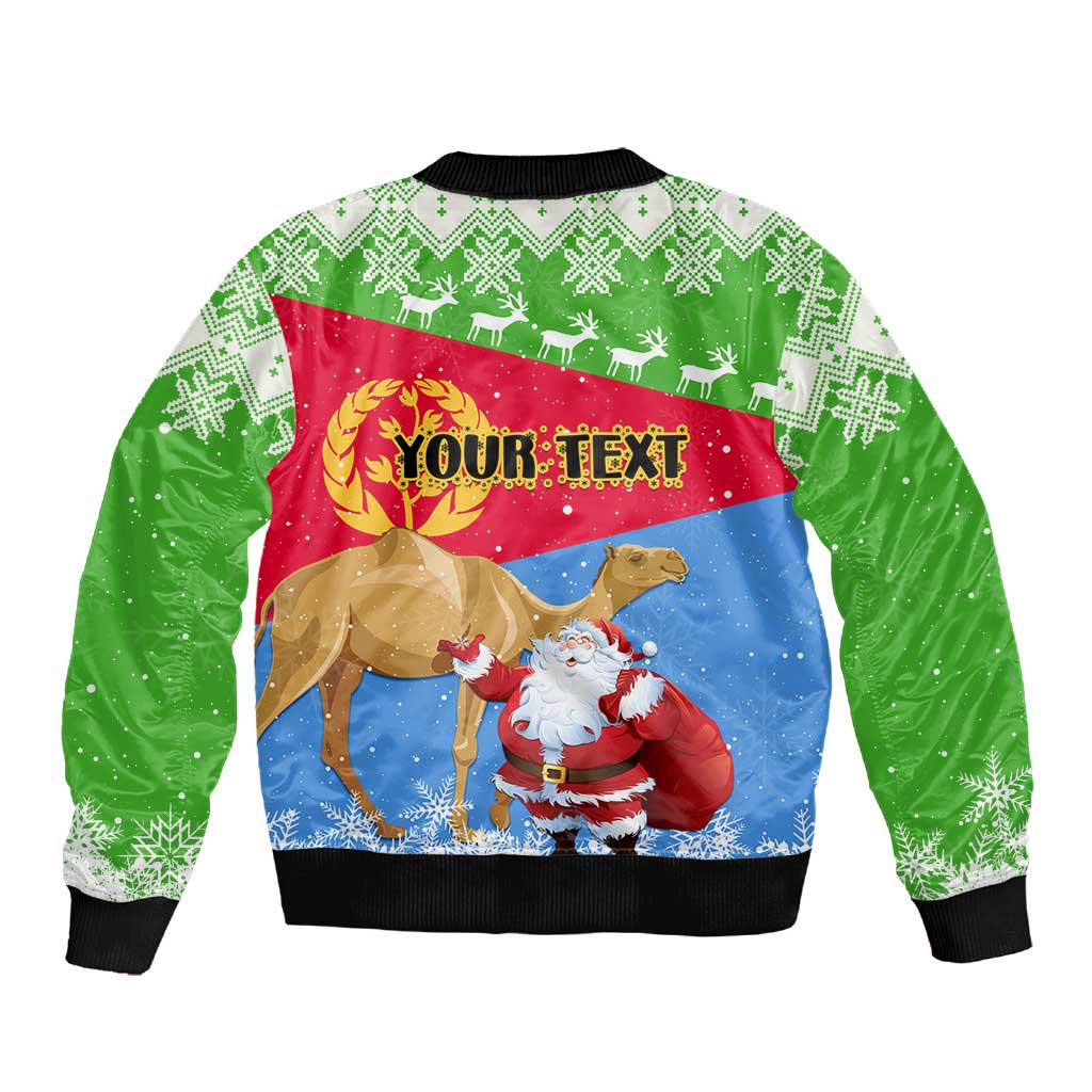 Custom Eritrea Christmas Sleeve Zip Bomber Jacket with Santa Claus and Dromedary Camel