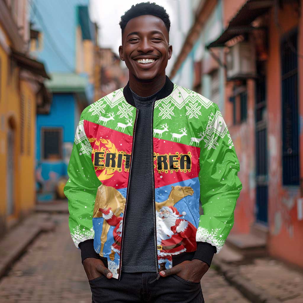 Custom Eritrea Christmas Sleeve Zip Bomber Jacket with Santa Claus and Dromedary Camel