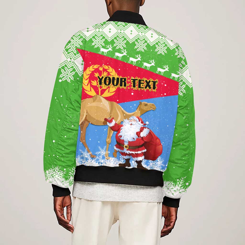 Custom Eritrea Christmas Sleeve Zip Bomber Jacket with Santa Claus and Dromedary Camel